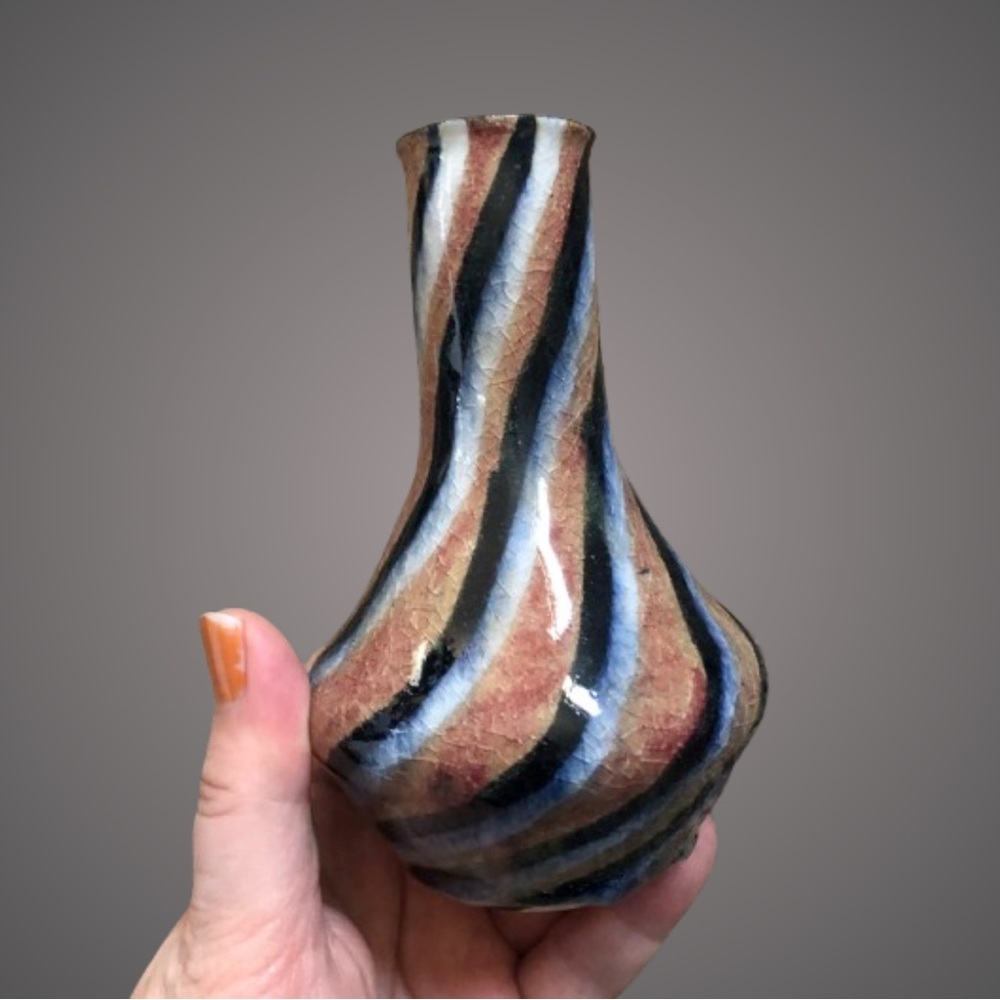 Unusual vintage striped art pottery bud vase crazed